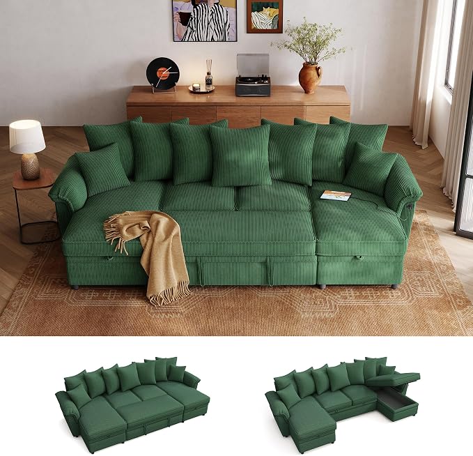 LINSY HOME Oversized Sectional Sleeper Sofa with Pull Out Couch Bed (Green, 118.5'') | USB Charging