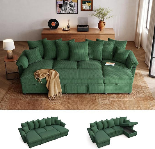 LINSY HOME Oversized Sectional Sleeper Sofa with Pull Out Couch Bed (Green, 118.5'') | USB Charging