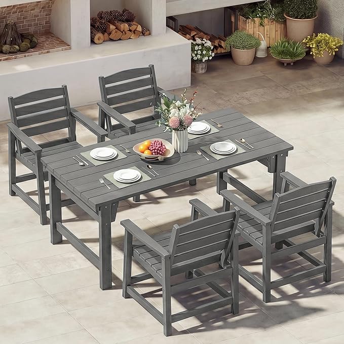 Furnimart 5-Piece Outdoor Dining Set, 67" HDPE Dining Table and Chairs for 4, All-Weather Patio Dining Set with Umbrella Hole, Outdoor Furniture Set for Backyard, Garden, Lawn & Poolside, Grey
