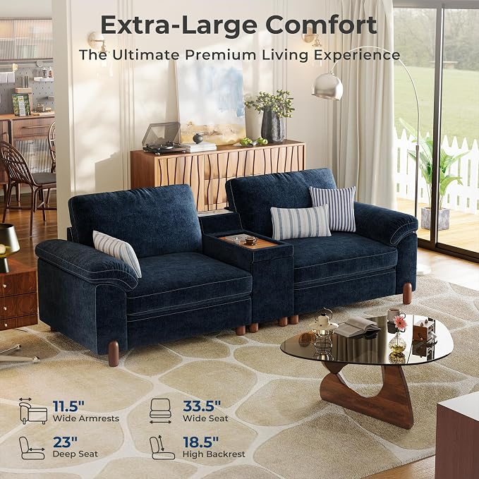 SITJOY Large Cloud Couch, 100" Wide Loveseat Sofa, Chenille in Navy Blue | Detachable and Washable Chenille Cover Sectional Sofas for Living Room, Deep Seat Wide Couch with Cuphoders
