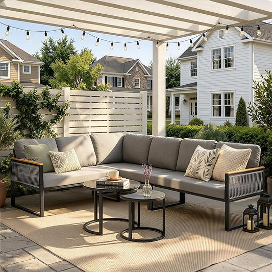 7-Piece L-Shaped Patio Conversation Sets, Hand-Woven Wicker Outdoor Sectional Sofa with Glass Nesting Coffee Table, Weather-Resistant Frame, Removable Cushion for Deck, Porch, Backyard (Gray)