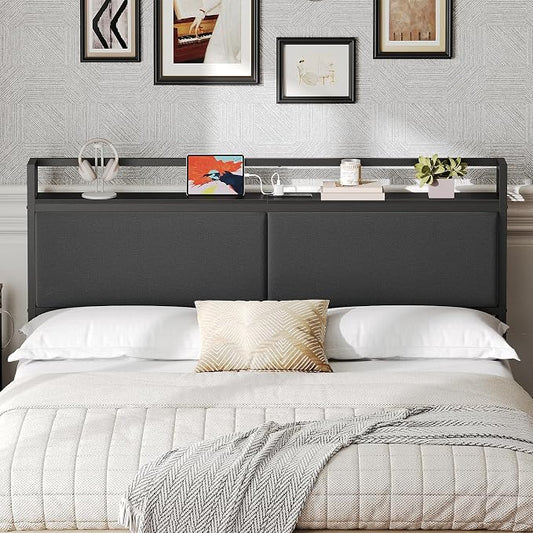 Queen Size Headboard Only with Storage Shelves, Upholstered Headboard with Charging Station, Height Adjustable, Sturdy and Stable, Vintage Style, Black