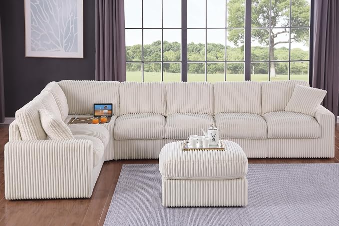 Ball & Cast 146" Oversized Modular Sectional Sofa,Large Corduroy Upholstered Couch L-Shaped 8 Seat with Movable Ottoman & 2 Pillows,Comfty Sectionals W/Cup Holders & USB Ports,for Living Room,Beige