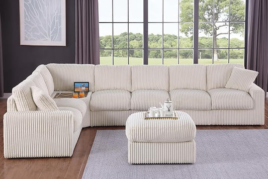 Ball & Cast 146" Oversized Modular Sectional Sofa,Large Corduroy Upholstered Couch L-Shaped 8 Seat with Movable Ottoman & 2 Pillows,Comfty Sectionals W/Cup Holders & USB Ports,for Living Room,Beige