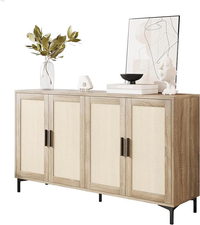 JASIWAY Buffet Cabinet with Storage, 48" Rattan Coffee Bar Cabinet Station | Accent Sideboard with Adjustable Shelves, Credenza for Dining Room, Kitchen, Living Room, Entryway, Anti-Tip, Wood