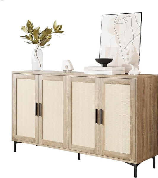 JASIWAY Buffet Cabinet with Storage, 48" Rattan Coffee Bar Cabinet Station | Accent Sideboard with Adjustable Shelves, Credenza for Dining Room, Kitchen, Living Room, Entryway, Anti-Tip, Wood