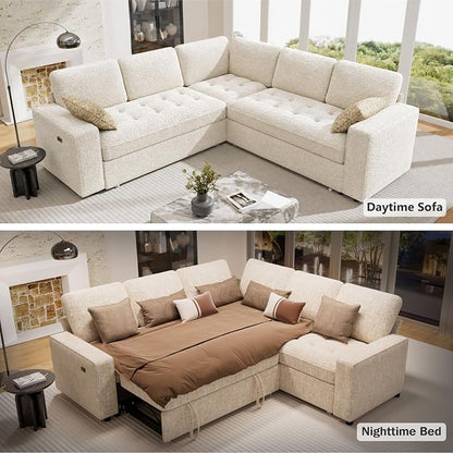 Vipbear 5 Seat L Shaped Modular Sectional Sleeper Sofa Bed with Pull Out Bed/Reclining Backrest/USB Ports/Storage Seat, Sectional Sleeper Couch, Tool-Free Assembly, Chenille Beige