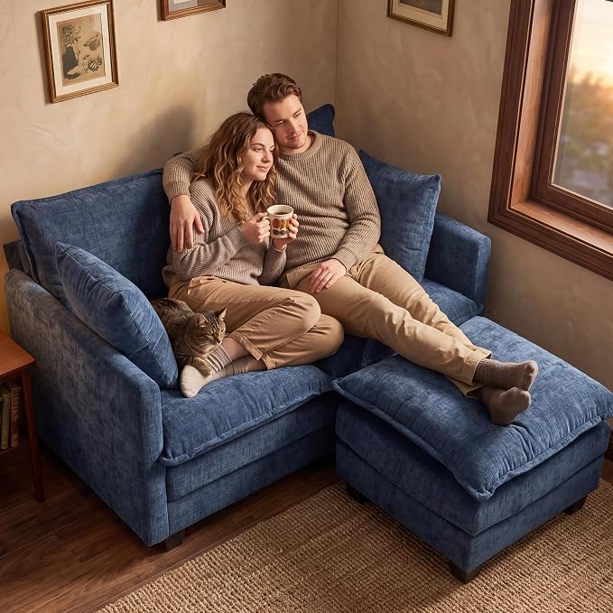 Loveseat Sofa with Ottoman, Cloud 3-Layer Cushion, 27" Deep Seat Love Seat Small Couch with 2 Pillows for Small Spaces, Bedroom, Apartment, Office, Living Room, in a Box, 50-Inch Blue