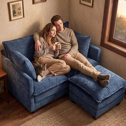 Loveseat Sofa with Ottoman, Cloud 3-Layer Cushion, 27" Deep Seat Love Seat Small Couch with 2 Pillows for Small Spaces, Bedroom, Apartment, Office, Living Room, in a Box, 50-Inch Blue