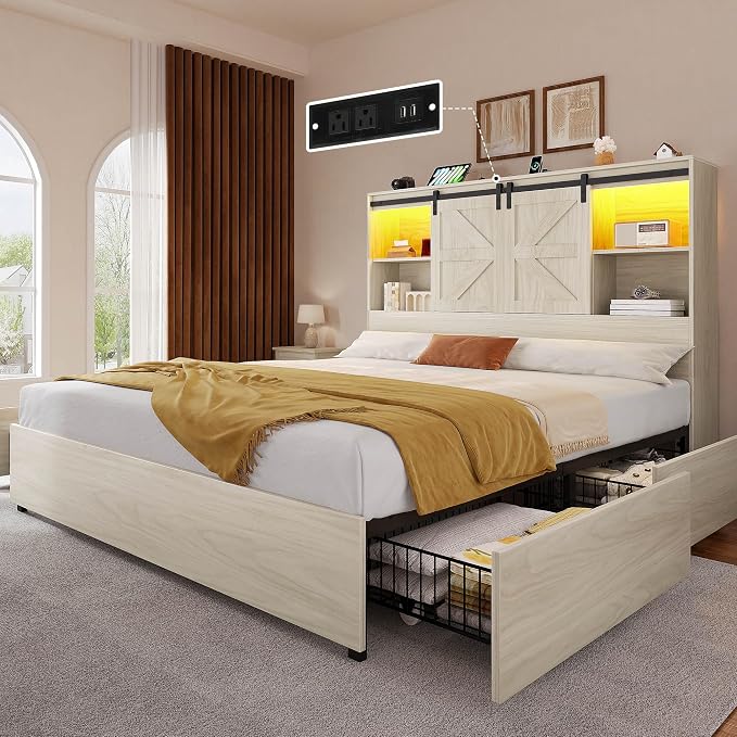YITAHOME Farmhouse Queen Size Bed with 50" Tall Storage Bookcase Headboard, Sliding Barn Door, 4 Storage Drawers, RGB LED Bed Frame w/Type-C&USB Charging Station, No Box Spring Needed, Antique White