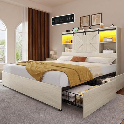 YITAHOME Farmhouse Queen Size Bed with 50" Tall Storage Bookcase Headboard, Sliding Barn Door, 4 Storage Drawers, RGB LED Bed Frame w/Type-C&USB Charging Station, No Box Spring Needed, Antique White