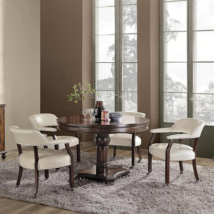 LEEMTORIG Set of 4 Dining Chairs with Casters and Arms, Large Rolling Dining Chairs with Wheels, Poker Table Chairs, Solid Wood Boss Caption's Chairs Office Chairs, Espresso Legs & Ivory PU SY-318-WT
