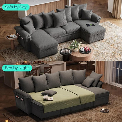 LINSY HOME Oversized Sectional Sleeper Sofa with Pull Out Couch Bed (Gray, 118.5'') | USB Charging