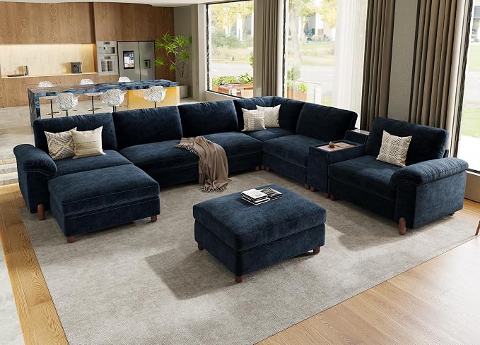 SITJOY Large Cloud Couch, 138" Wide 8 Seat V Shaped with Console, Navy Blue | Detachable and Washable Chenille Cover Sectional Sofas for Living Room, Deep Seat Wide Couch with Chaise, Storage Ottoman