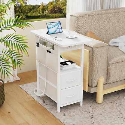 Yenlure Small Side Table with Charging Station, Narrow Nightstand Bedside Tables with Storage Pocket for Living Room Bedroom, Sofa End Table with USB Ports and Power Outlets for Small Spaces