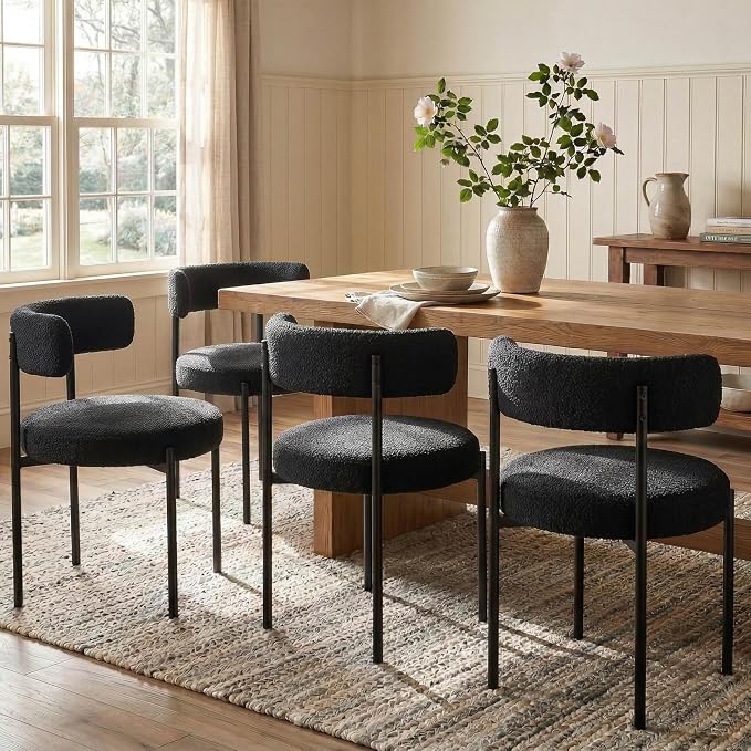 Boucle Dining Chairs Set of 4, Black Dining Chairs with Upholstered Seat and Round Back, Mid-Century Modern Kitchen Chairs for Dining Room, Restaurant