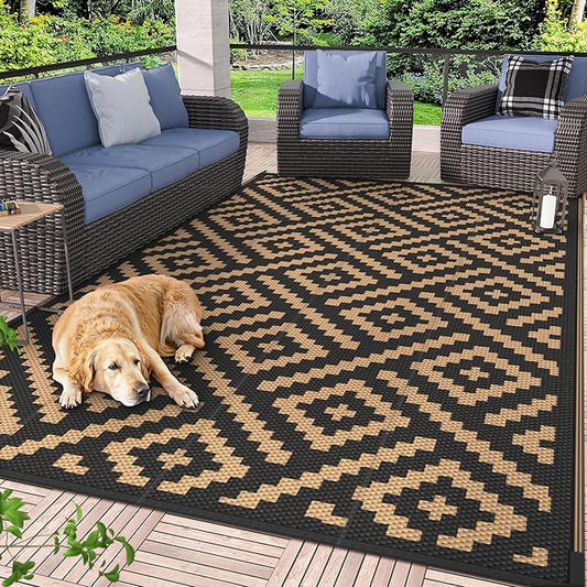 GENIMO Outdoor Rug for Patio Clearance,9'x12' Waterproof Large Mat,Reversible Plastic Camping Rugs,Rv,Porch,Deck,Camper,Balcony,Backyard (Black & Brown)