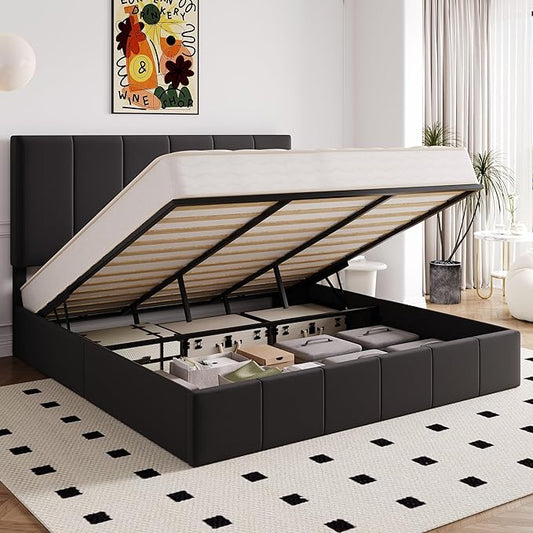 Allewie King Size Velvet Lift Up Storage Bed Frame, Vertical Channel Tufted Headboard, Hydrualic Underneath Storage, Upholstered Platform Bed, Wooden Slats Support, No Box Spring Needed, Black