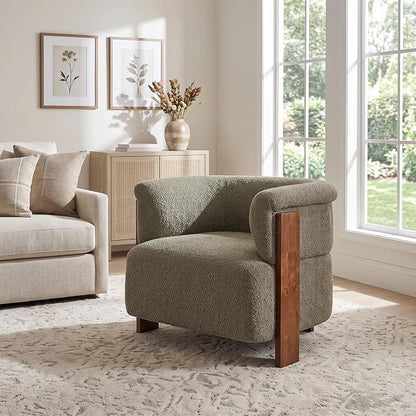 Merax 31.7" Mid-Century Teddy Fleece Barrel Accent Chair, Green | Green Teddy Fleece Upholstered Armchair, Modern Wraparound Lounge Chair for Living Room, Bedroom, Entryway