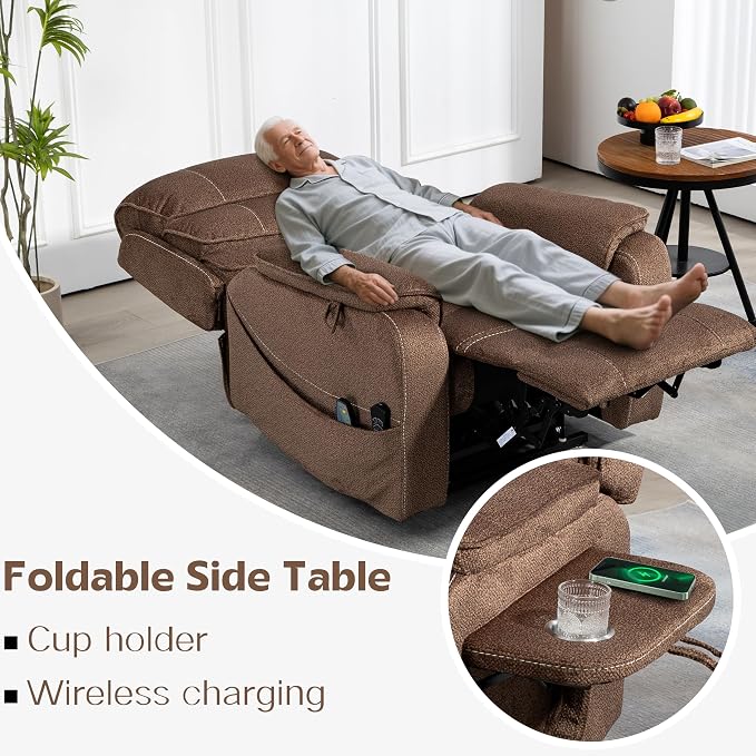 JIKFRIMA Power Lift Recliners Chairs for Elderly Adults Lay Flat Recliner with Heat & Massage, Wireless Charging Device, USB Ports, Cup Holder, Lumbar Pillow, 400Lbs (Grainy Fibric,Caramel Brown)