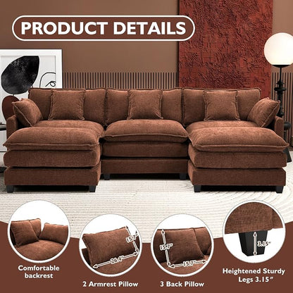 Ihanherry 111.4" U Shaped Modern Sofa Modular Sectional Luxurious and Comfortable with 2 Ottoman, 5-Seat Chenille Deep Seat Sofa with Pillow for Living Room, Bedroom and Apartment, Brick Red