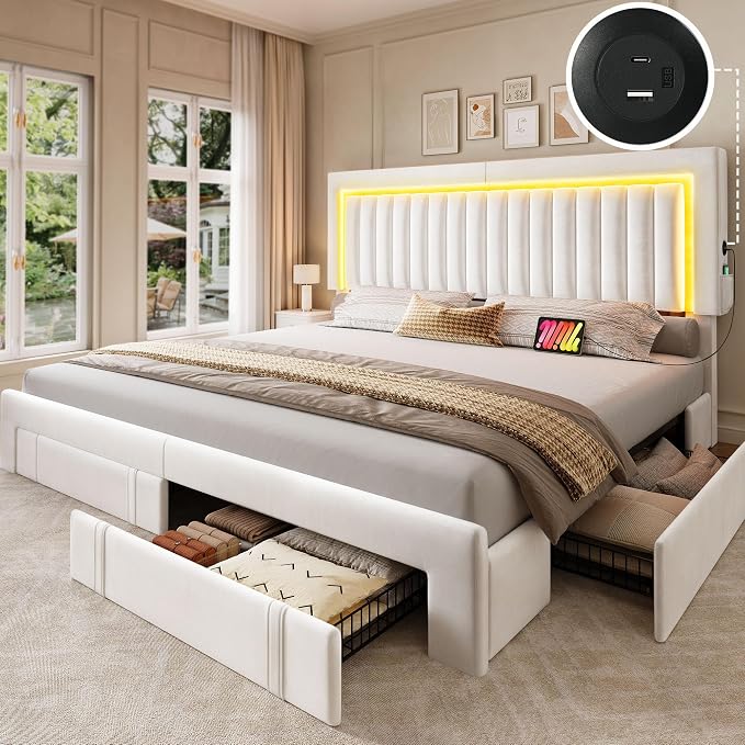 DWVO King Size Bed Frame with Adjustable Headboard, 4 Storage Drawers and RGB LED Lights, Velvet Upholstered Platform Bed with USB Ports, No Box Spring Needed, Fast Assembly, Noise-Free, White