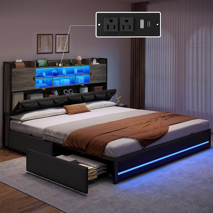 DWVO King Size Bed Frame with RGB LED Lights & Storage Bookcase Headboard, Upholstered Bed with Charging Station and 4 Drawers, No Box Spring Needed, Easy Assembly, Noise-Free, PU Leather Black