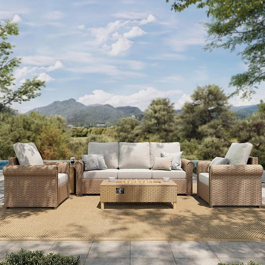 HERA'S HOUSE Patio Furniture Set, 4 x Cushioned Chairs, 3-Seat Sofa with Wood Grain Coffee Table, 5 Seats Luxury Windsor Style All Weahter Outdoor Sofa Conversation Set for Deck Lawn Backyard