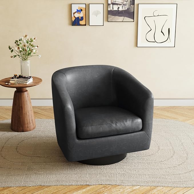 Swivel Accent Chair, Faux Leather Barrel Club Arm Chair Upholstered Round Armchair for Lving Room, Modern Small Bedroom Reading Seat - Black