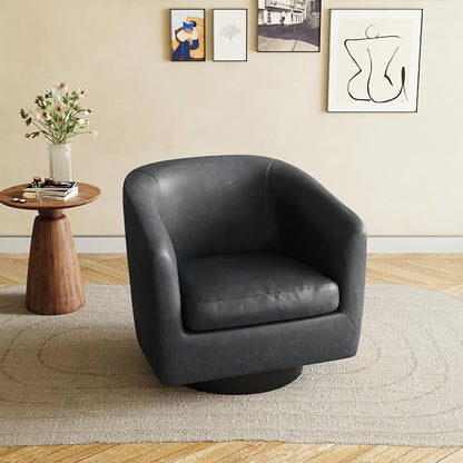 Swivel Accent Chair, Faux Leather Barrel Club Arm Chair Upholstered Round Armchair for Lving Room, Modern Small Bedroom Reading Seat - Black