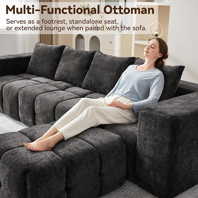 Large Boneless Ottoman, Upholstered Cloud Ottomans for Couch, Oversized Modern Foot Rest for Sectional Couches for Living Room, Foot Stools No Assembly Required, Tufted Ottoman, Dark Grey