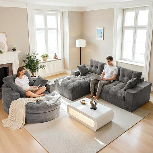 MAXYOYO L Shape Sectional Sofa Couch and Round Chaise Lounge, Modern Cloud Couch with Ottoman, Comfy Sofa with Layered Cushion, Tufted Upholstered Chair for Living Room, No Assembly Required
