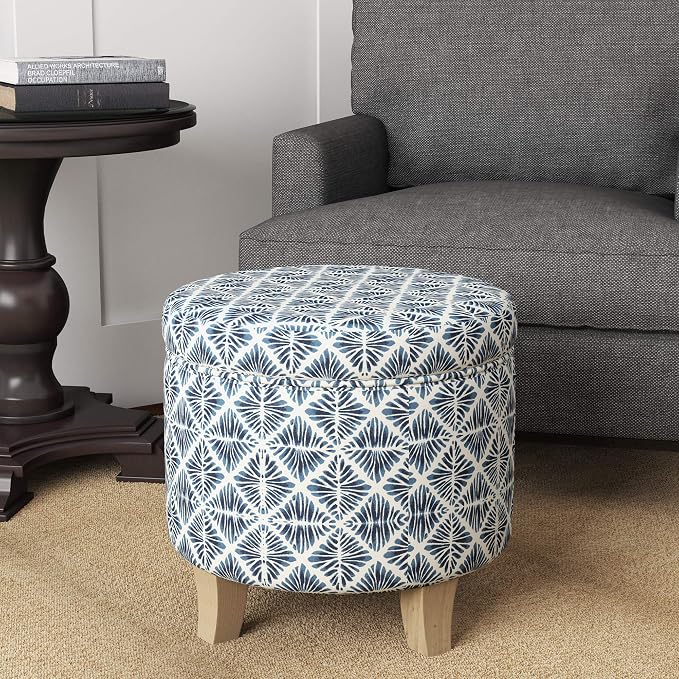 Homepop Home Decor | Upholstered Round Storage Ottoman | Ottoman with Storage for Living Room & Bedroom with Flared Legs, Navy Blue Geometric Pattern Large
