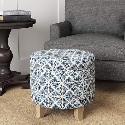 Homepop Home Decor | Upholstered Round Storage Ottoman | Ottoman with Storage for Living Room & Bedroom with Flared Legs, Navy Blue Geometric Pattern Large