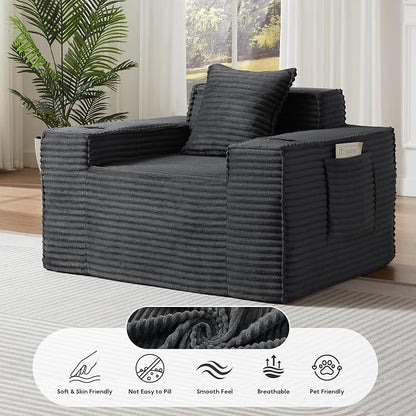 Boneless Sofa Couch with Cup Holders & Side Pockets, Modern Corduroy Fabric Deep Seat Single Cloud Couch for Reading Living Room Office, No Assembly (Grey)