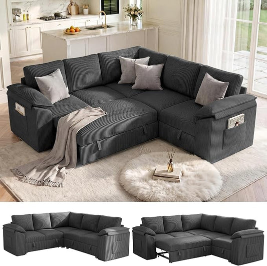 85 Inch Modular Sectional Sofa with Pull Out Couch Bed, L Shaped 5 Seat Sectional Couch with Storage, Corduroy Sectional Couches for Living Room, Cloud Modular Couch, Removable Sofa Cover, Dark Grey