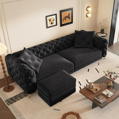 97.7" Convertible Queen Sleeper Sofa with Ottoman - Button Tufted Pull Out Sofa Bed, Velvet King Size Couch Bed & Vintage Deep Seat 4-Seater Couch for Small Spaces, Apartment & Living Room, Black | Button Tufted