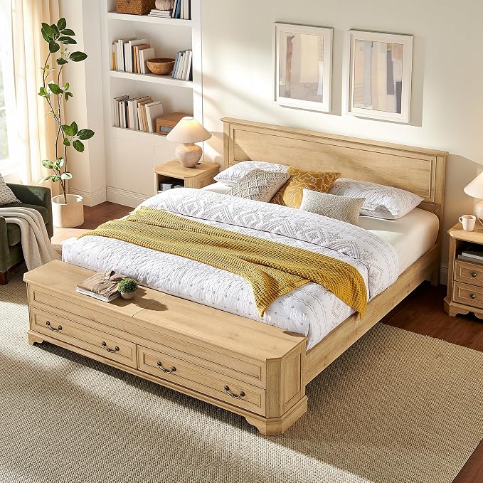 T4TREAM Farmhouse King Bed with Headboard and Storage Bench, Rustic Wood Platform Bed with 80" Storage Chest w/ 4 Large Drawer (Natrual Oak)