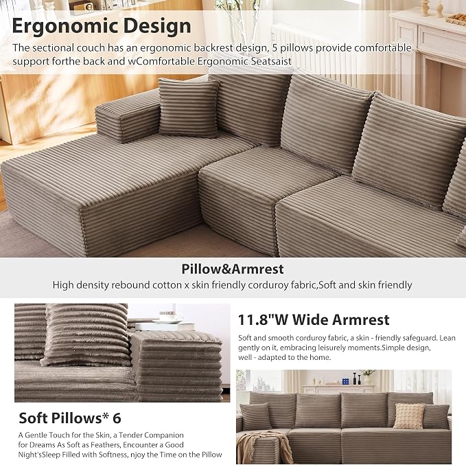 135" Cloud Sectional Couch with L-Shape Chaise, Modern Cloud Couch with Deep Seat, Modular Sectional Couches for Living Room, Apartment, Office, No Assembly Required Camel