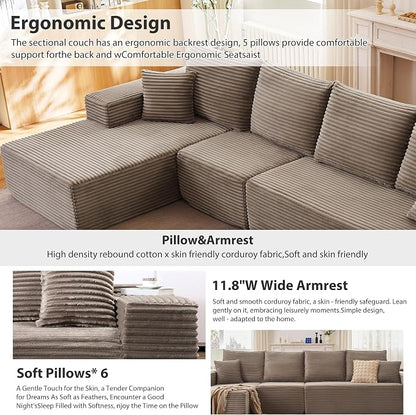 135" Cloud Sectional Couch with L-Shape Chaise, Modern Cloud Couch with Deep Seat, Modular Sectional Couches for Living Room, Apartment, Office, No Assembly Required Camel