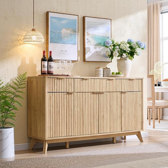 T4TREAM 60 Inch Fluted Buffet Sideboard Cabinet, Natural Oak | Modern Coffee Bar Storage Cabinet With 3 Drawers, for Dining Room, Living Room, Hallway, Oak Wood Grain, Adjustable shelves
