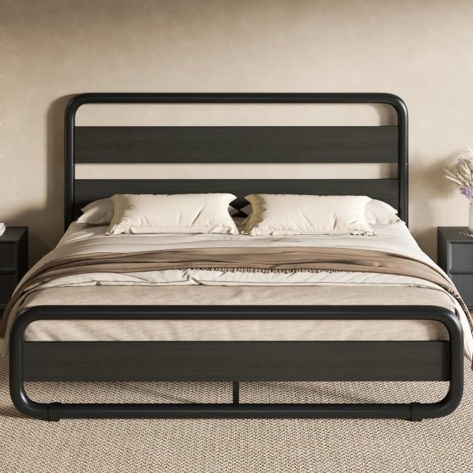 SHA CERLIN Full Size Metal Bed Frame with Wooden Headboard and Footboard, Heavy Duty Oval-Shaped Platform Bed Frame with 10" Under-Bed Storage, Noise Free, No Box Spring Needed, Black