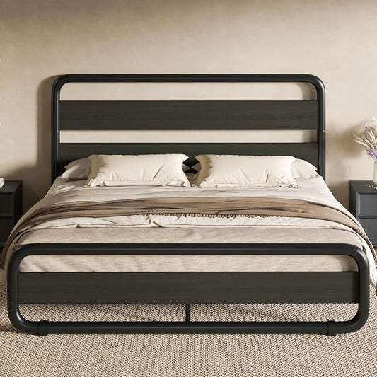 SHA CERLIN Full Size Metal Bed Frame with Wooden Headboard and Footboard, Heavy Duty Oval-Shaped Platform Bed Frame with 10" Under-Bed Storage, Noise Free, No Box Spring Needed, Black