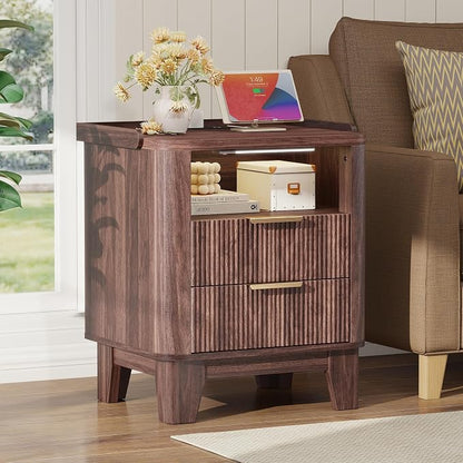 Baoz Walnut Fluted Nightstand with Charging Station & 2 Wooden Drawers | 20" Wide Mid Century Modern Bedside Table Wood Curved Profile Design 27in Tall LED Night Stand