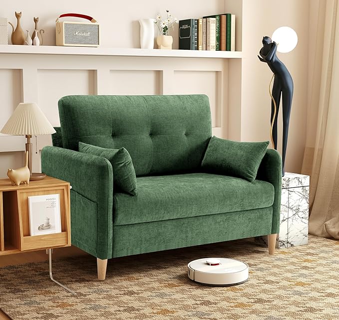 Urhanherry 47" Small Sofa Couch for Bedroom, Soft Chenille loveseat Mini Couch with Throw Pillow and Removable Cushion Cover for Small Spaces, Living Room, Apartment, Dorm, Office(Green)