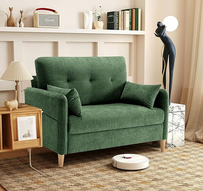Urhanherry 47" Small Sofa Couch for Bedroom, Soft Chenille loveseat Mini Couch with Throw Pillow and Removable Cushion Cover for Small Spaces, Living Room, Apartment, Dorm, Office(Green)