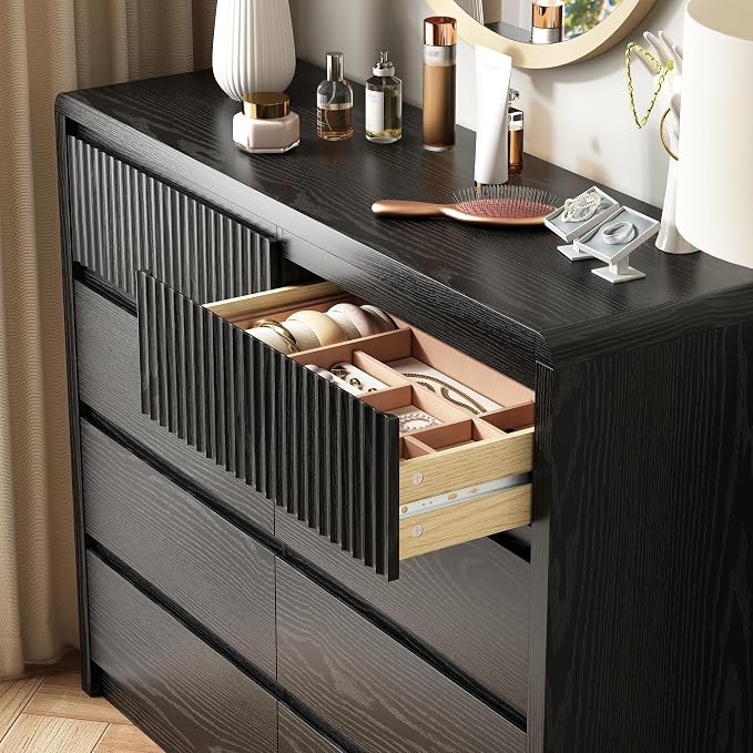 LYNSOM 8 Drawer Dresser for Bedroom, 50" Wide Fluted Dresser with Curved Corners, Wood Dressers & Chests of Drawers with Dual-Panel Design for Bedroom, Entryway, Black