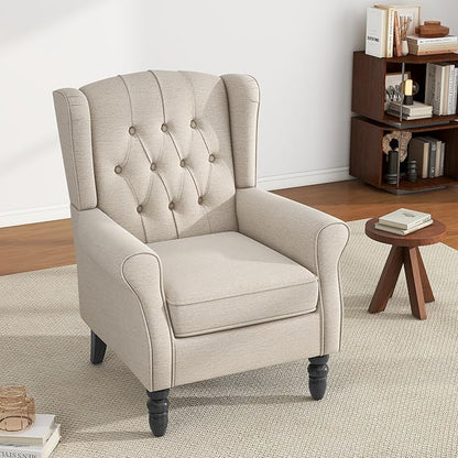 High Back Accent Chair, Fabric Upholstered Armchair Wingback Chair for Living Room, Comfy Bedroom Reading Seat with Solid Wood Legs, Beige