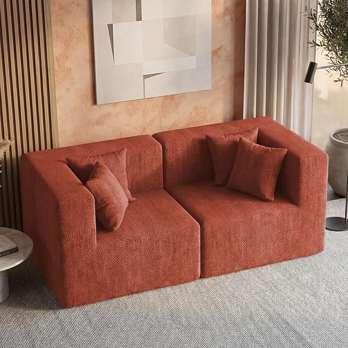 MONVANE 75" Loveseat Sofa, Comfy Chenille Modular Sectional Sofa with 4 Pillows, Modern Deep Seat Boneless Couch, 2 Seater Sofa for Living Room, Bedroom and Apartment, Rust Red