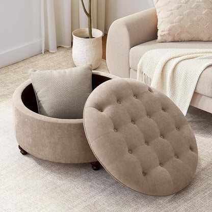 HUIMO 30-Inch Round Storage Ottoman, Modern Button Tufted Coffee Table with Removable Top, Upholstered Ottoman with Storage Footrest Stool for Living Room, Bedroom and Office(Brown)